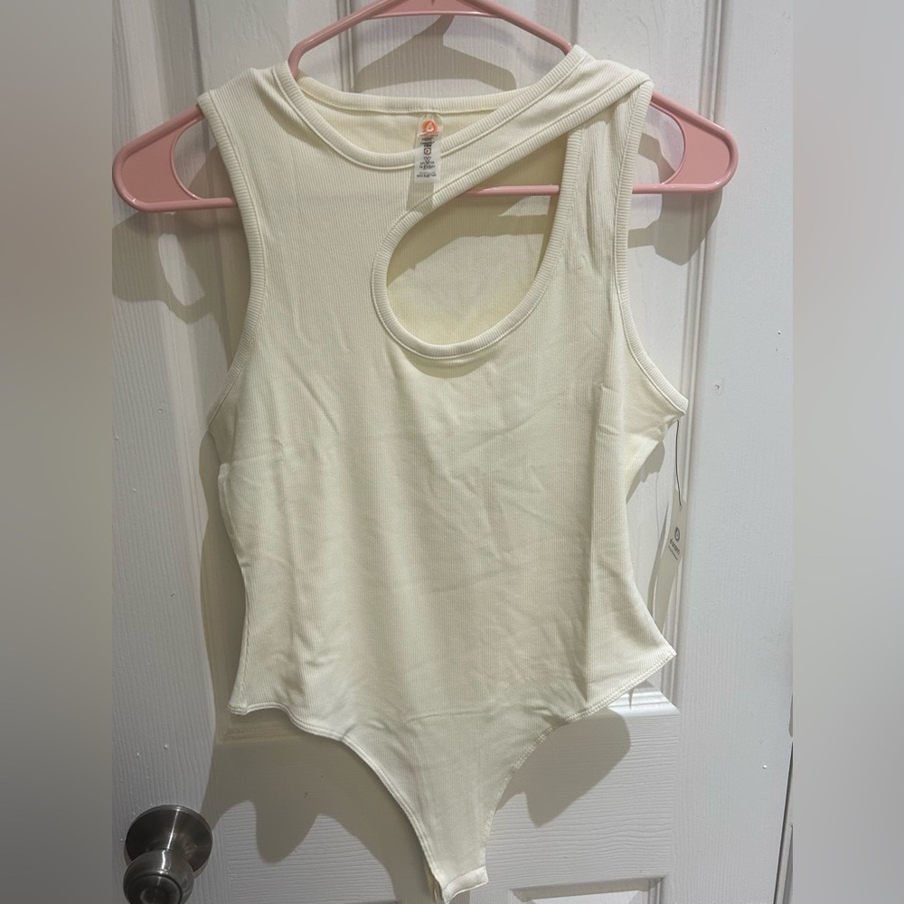 Mono B Cream Asymmetrical Cut Out Sleeveless Bodysuit